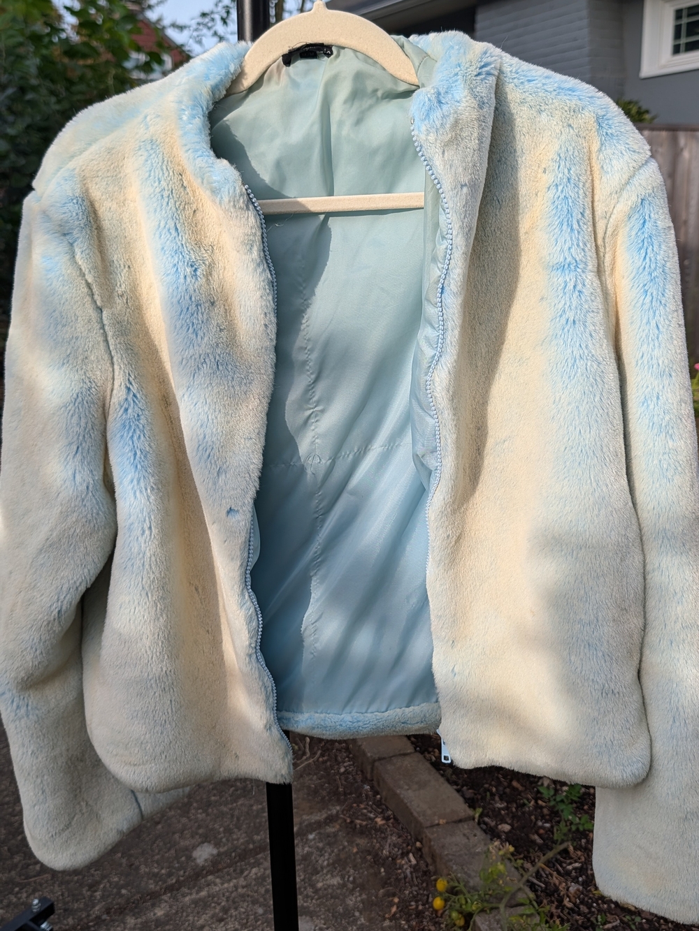 Faux Fur Teddy Jacket in Light Blue and Cream